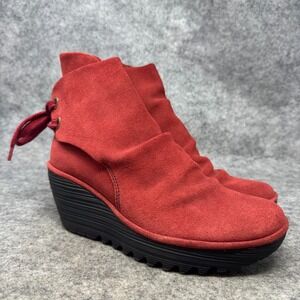 Fly London Womens Yama Suede Back Tie Wedge Ankle Bootie Size EU 39 US 8 Red